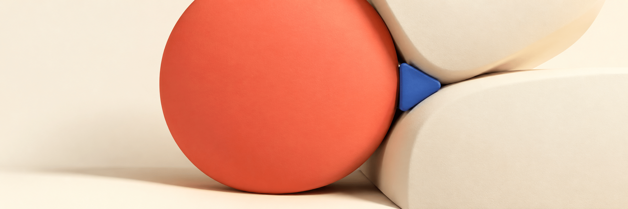 AI-generated Bimborism banner: a coral disc, cream forms and a small blue wedge create compressed spacing.