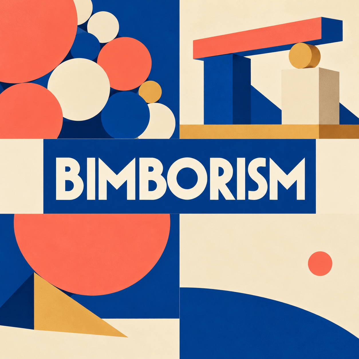AI-generated BIMBORISM collage with a centered title and four studies of crowding, support and distance.