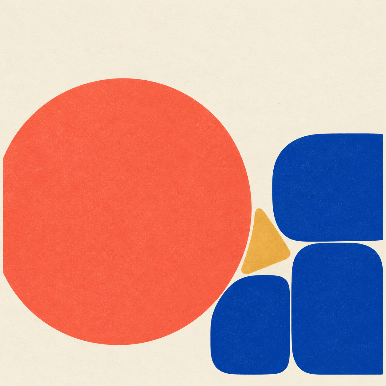 AI-generated flat geometric study of a coral disc crowding cobalt blocks around a small ochre wedge.