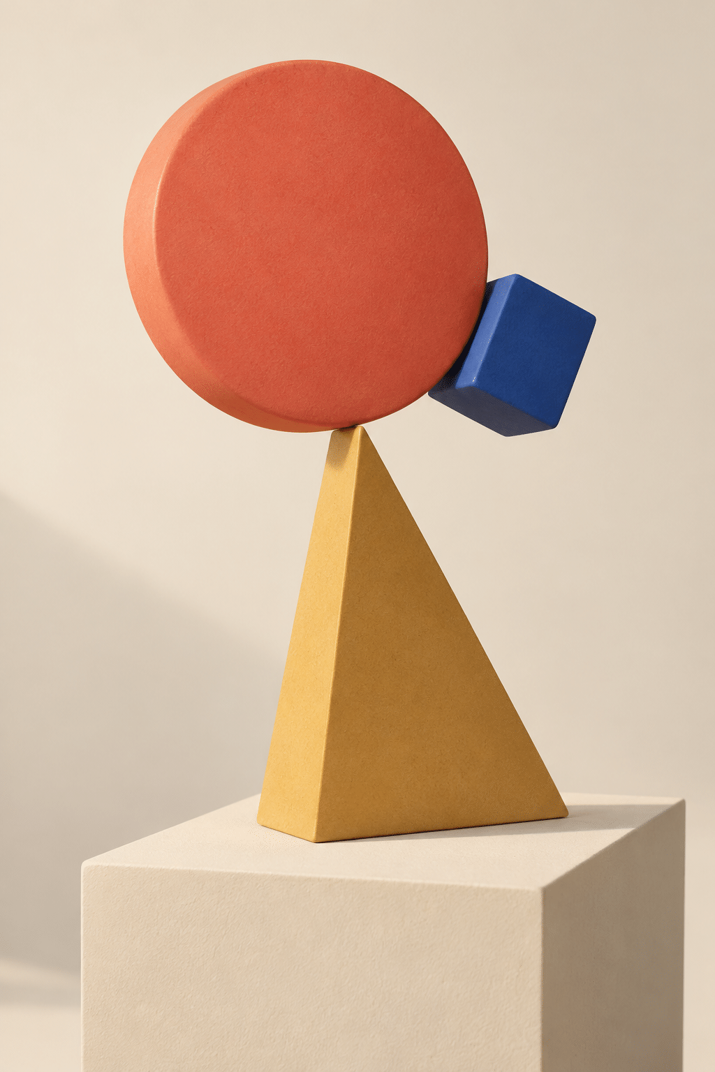 AI-generated imagined sculpture with an intentionally precarious or impossible balance of a coral disc, ochre wedge and blue block.