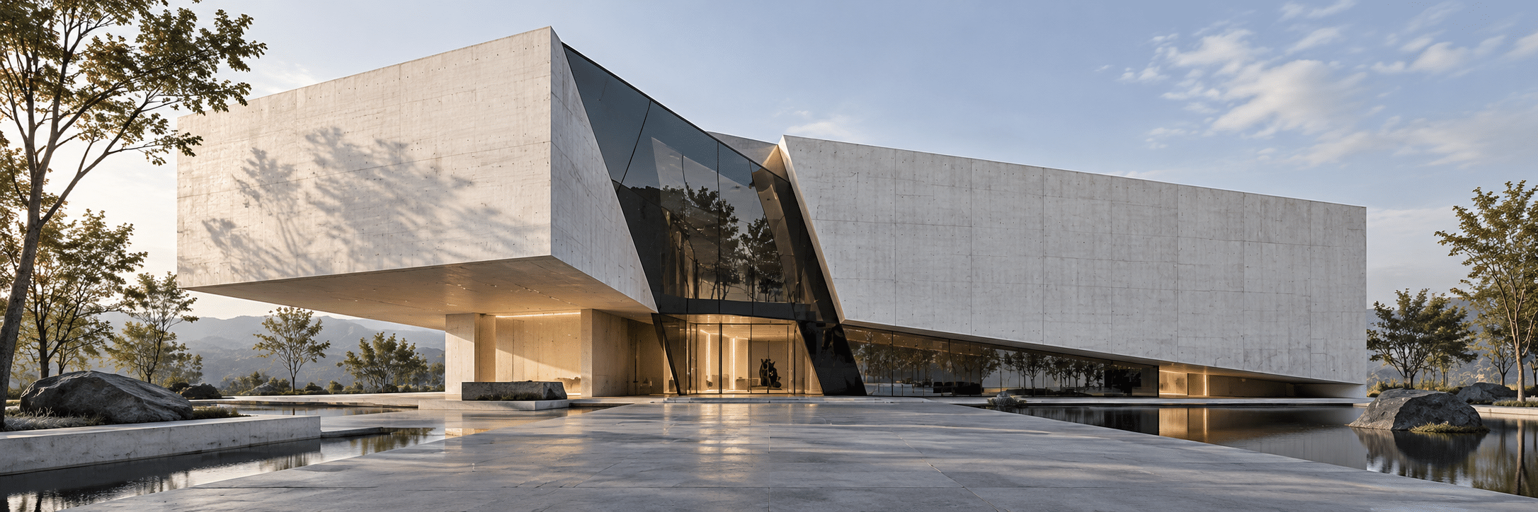 AI-generated architectural proposal with displaced concrete volumes and an angled glazed interruption.