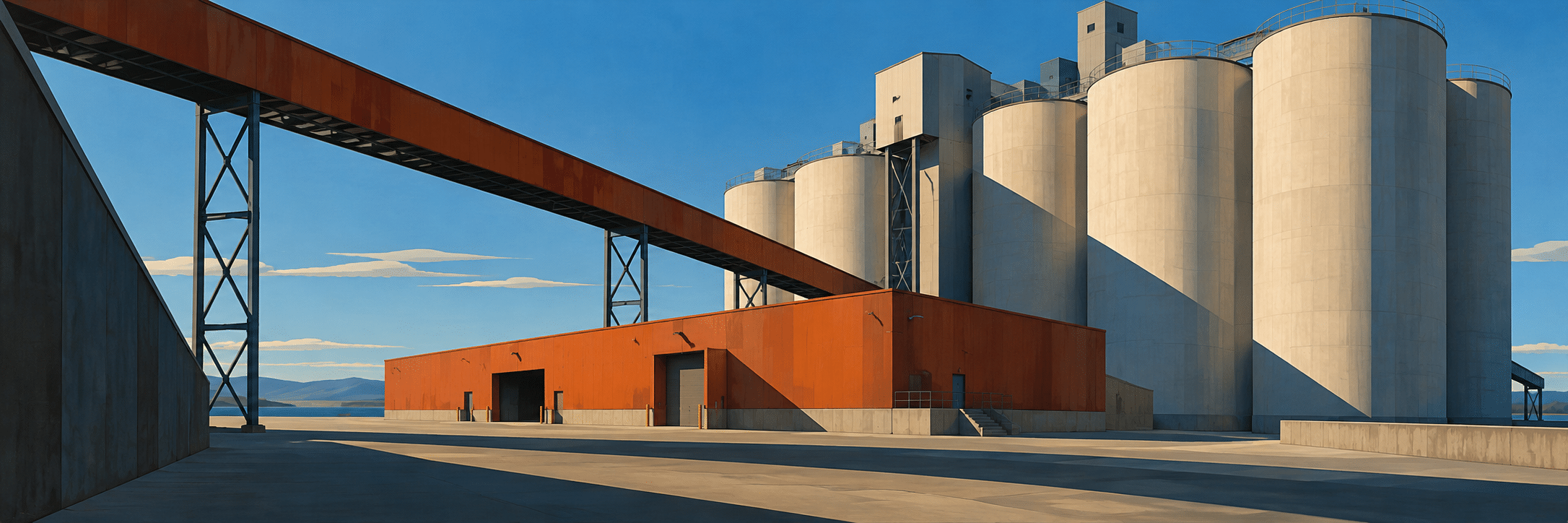 AI-generated Precisionism interpretation of silos, a rust-red industrial building and a diagonal elevated conveyor under a clear blue sky.