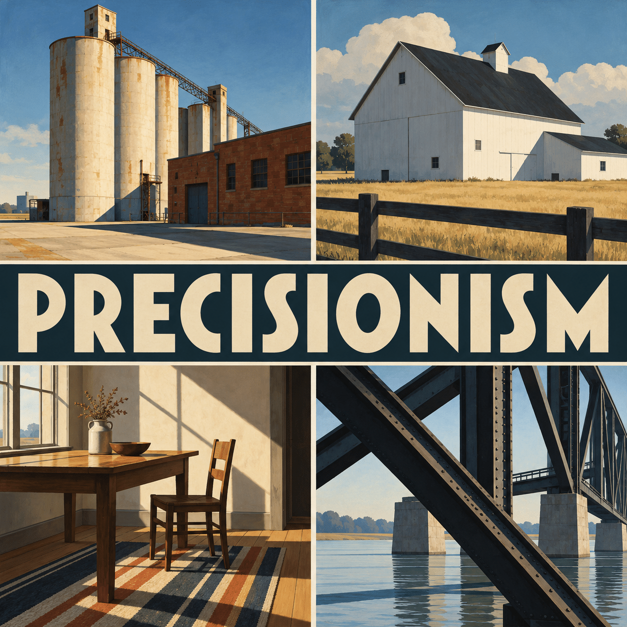 AI-generated collage with the complete central title PRECISIONISM, showing industrial silos, a rural barn, an interior and a steel bridge.