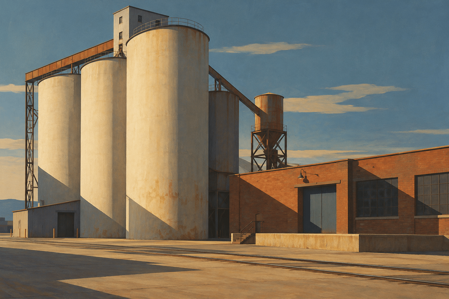 AI-generated Precisionism interpretation of pale grain silos and a brick industrial building with crisp triangular shadows.