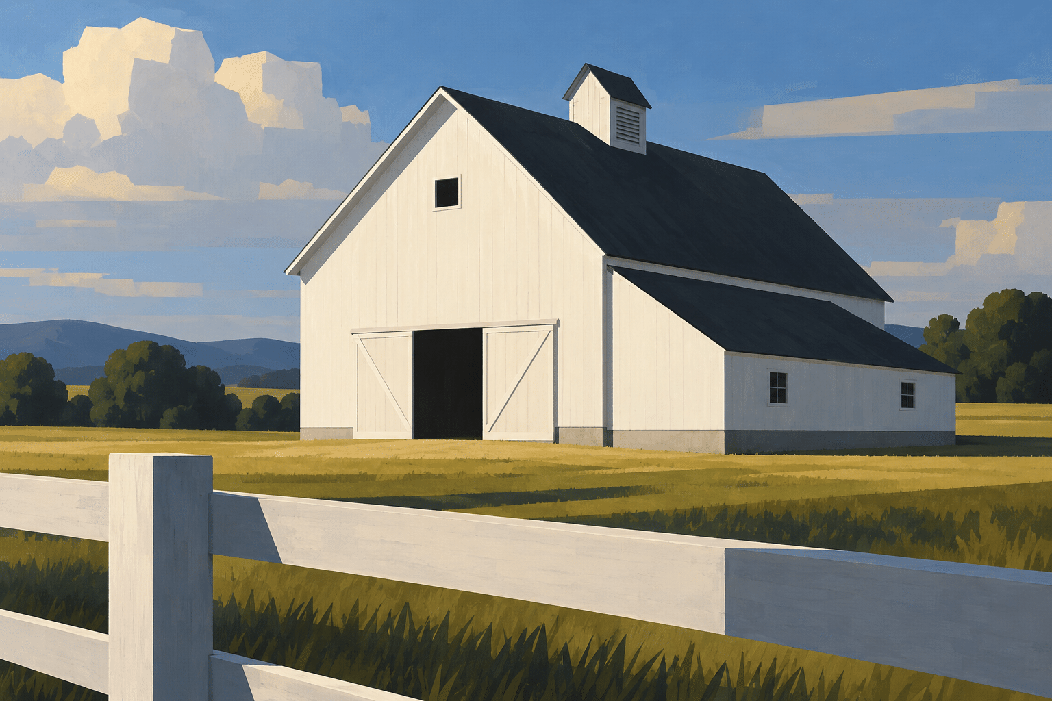 AI-generated Precisionism interpretation of a white barn and foreground fence, simplified fields and sharply organized light.