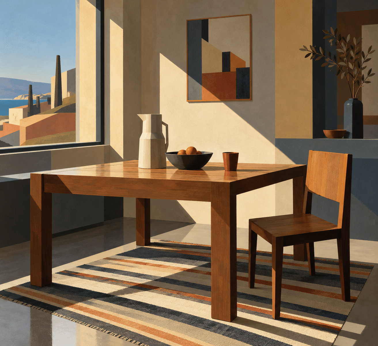 AI-generated Precisionism-inspired interior with a wooden table and chair, geometric window shadows and restrained still-life objects.