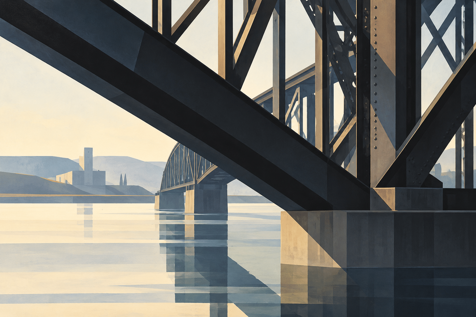 AI-generated Precisionism interpretation of dark steel bridge beams over pale water, using strong diagonals and simplified reflections.