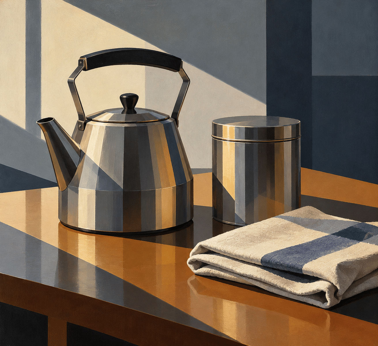 AI-generated Precisionism-inspired still life of a metal kettle, cylindrical canister and folded striped cloth, with crisp light and geometric reflections.