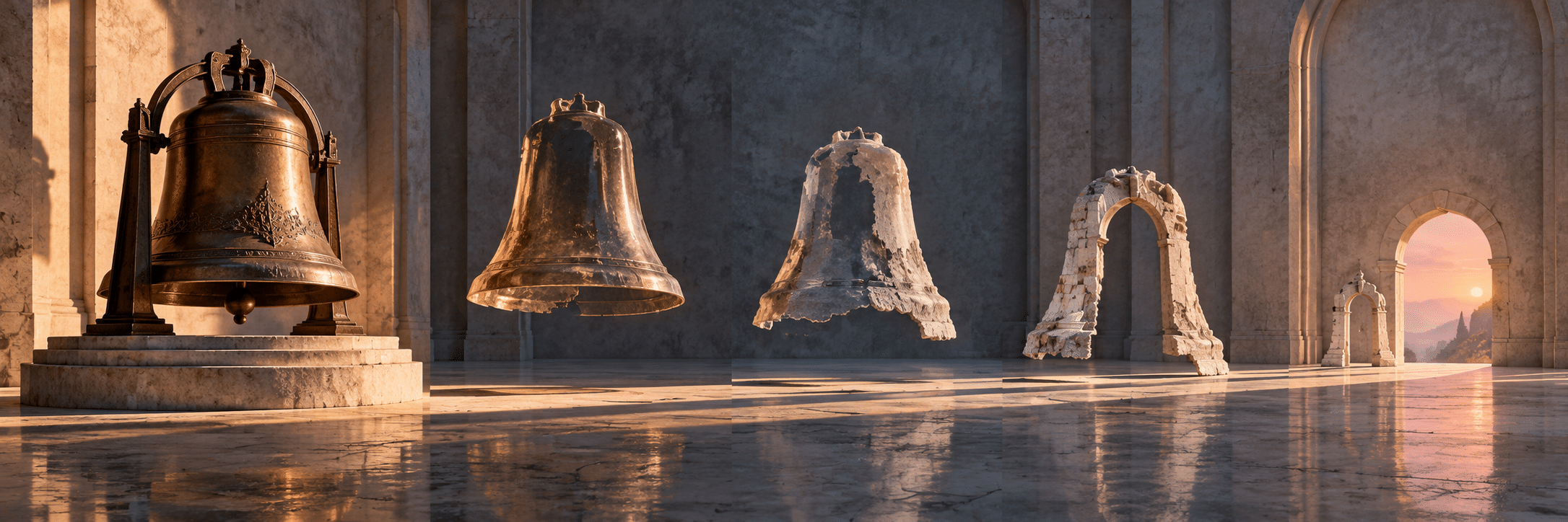 AI-generated Echoic Surrealist concept: a bronze bell gives way to hollow bronze and stone forms, ending in arches and a rose-lit doorway.