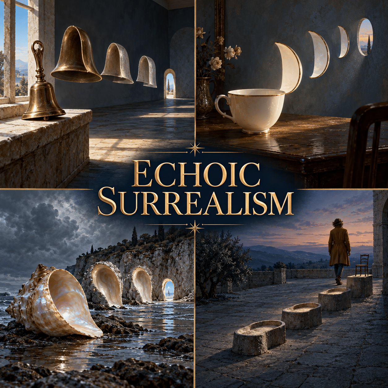 AI-generated collage titled ECHOIC SURREALISM, showing bell-to-arch, cup-to-window, shell-to-cliff and footprint-to-step transformations.