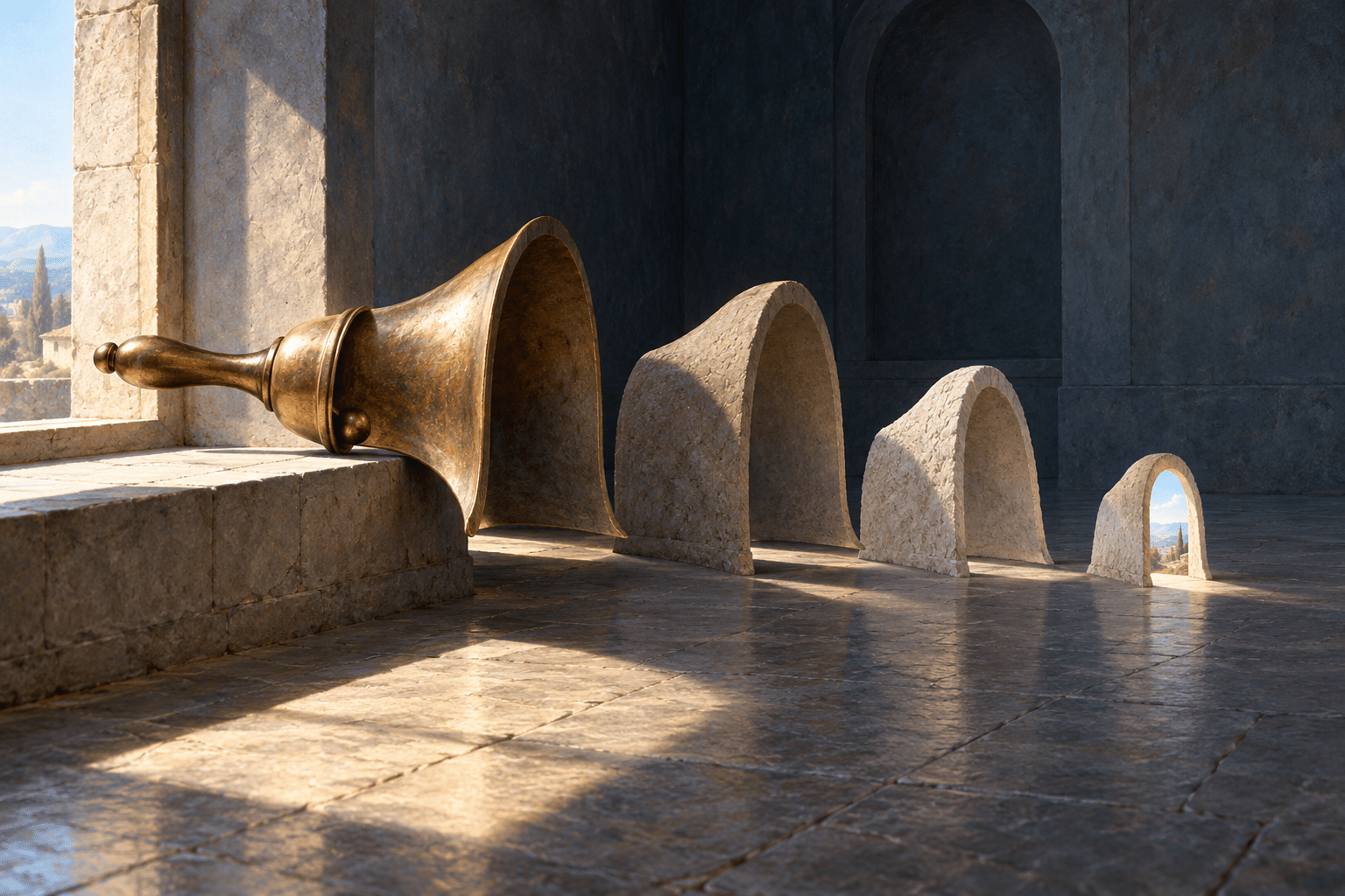 AI-generated Echoic Surrealist concept in which a bronze handbell's flared shape becomes a receding sequence of pale stone arches.