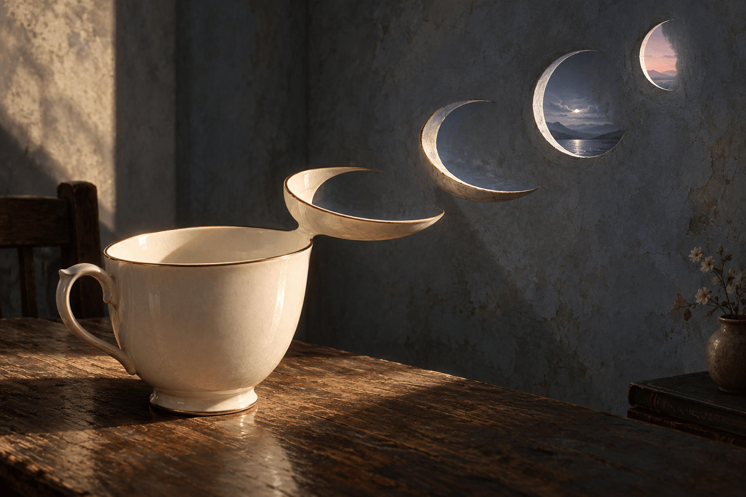 AI-generated Echoic Surrealist still life in which a porcelain cup's rim becomes suspended crescents and small windows into a different sky.