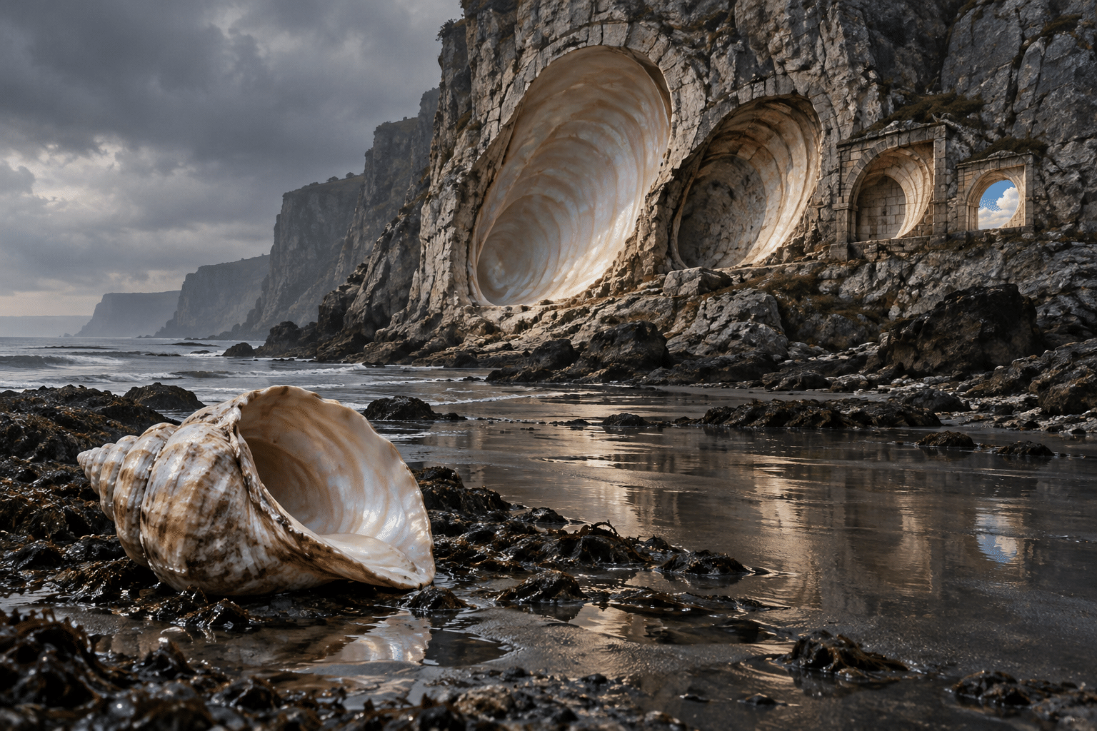 AI-generated Echoic Surrealist coast where a shell opening returns as nacre-lined cavities and progressively architectural openings in a cliff.