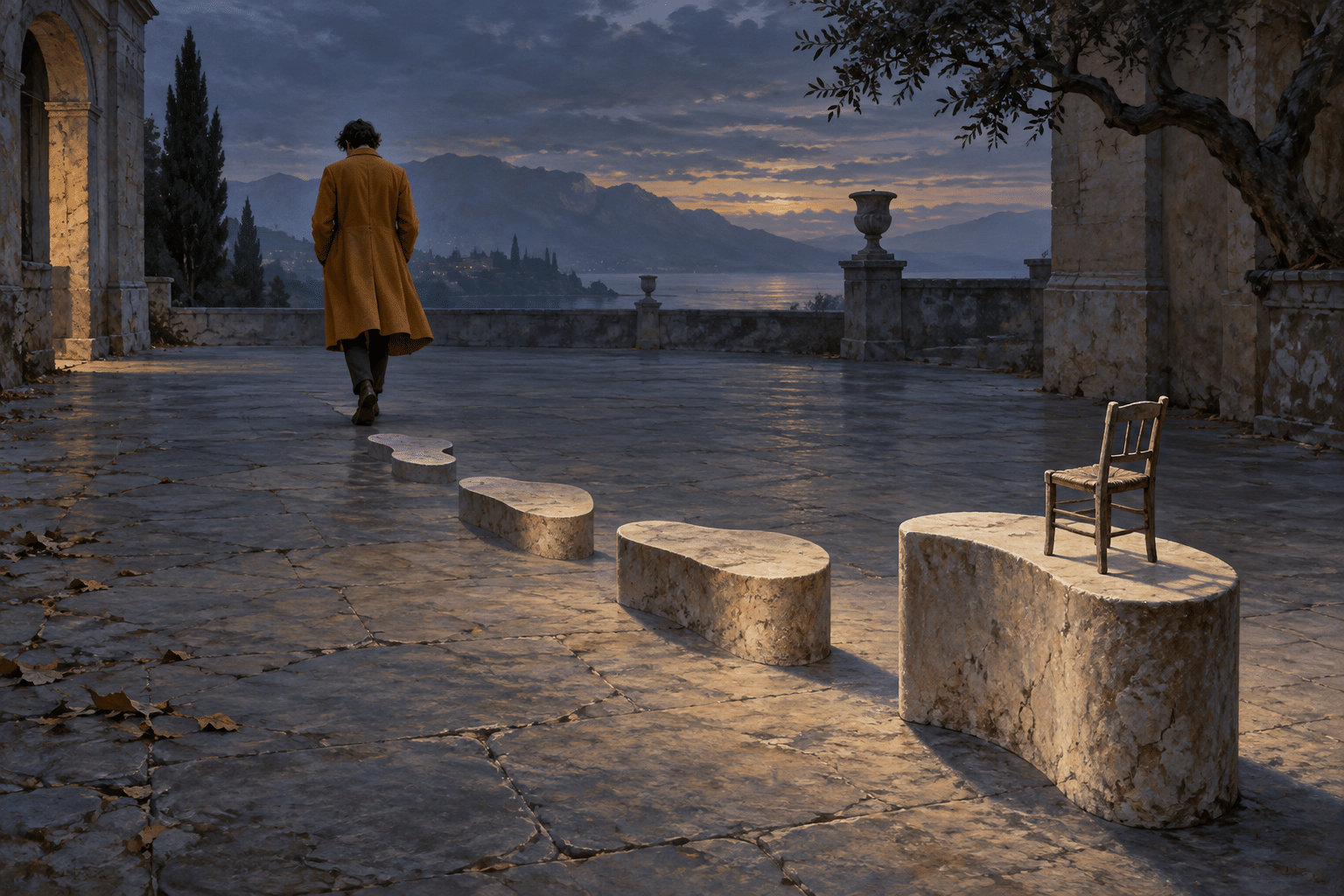 AI-generated Echoic Surrealist courtyard where a departing adult leaves footprint-shaped stone steps ending at an empty chair.