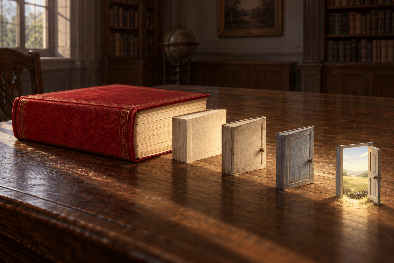 AI-generated Echoic Surrealist library study where a red book's page edges become small doors, the last opening onto a sunlit meadow.