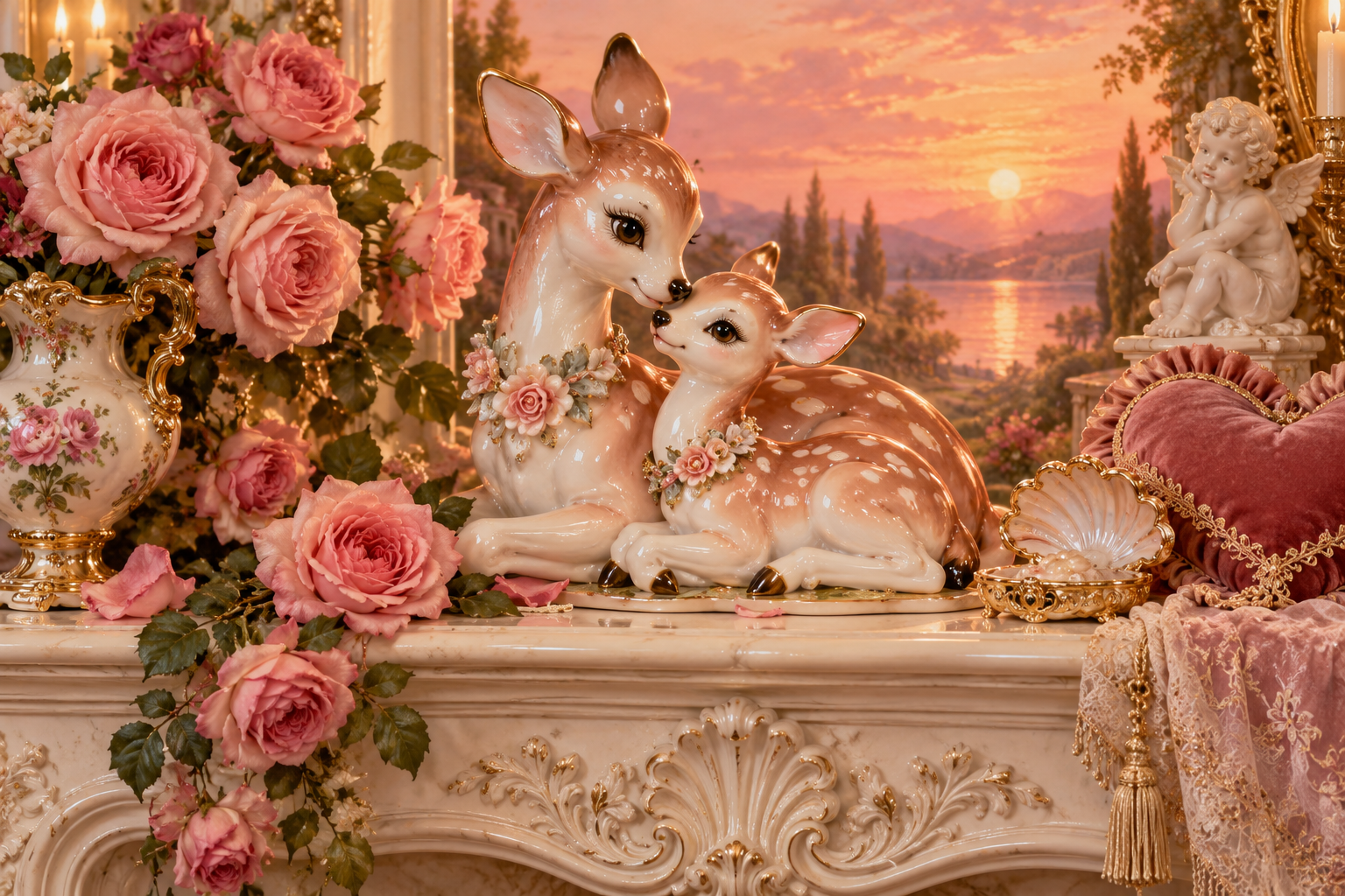 Glossy porcelain fawns surrounded by roses, gold trim and pink velvet.