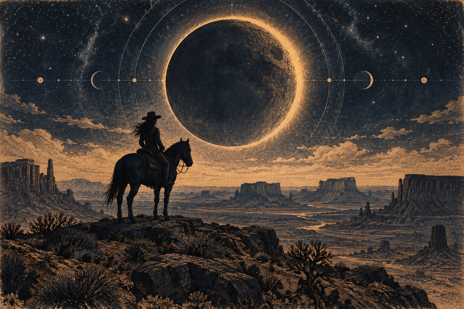 Rider on a desert ridge beneath a vast dark celestial disc and geometric orbit lines.