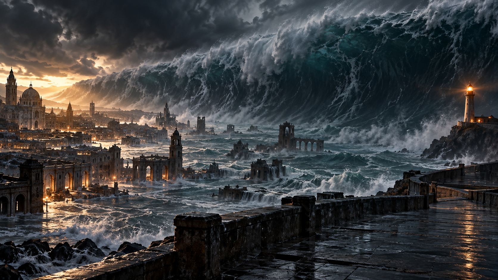 An immense storm wave approaches an invented flooded coastal city, with a warm lighthouse at the right.