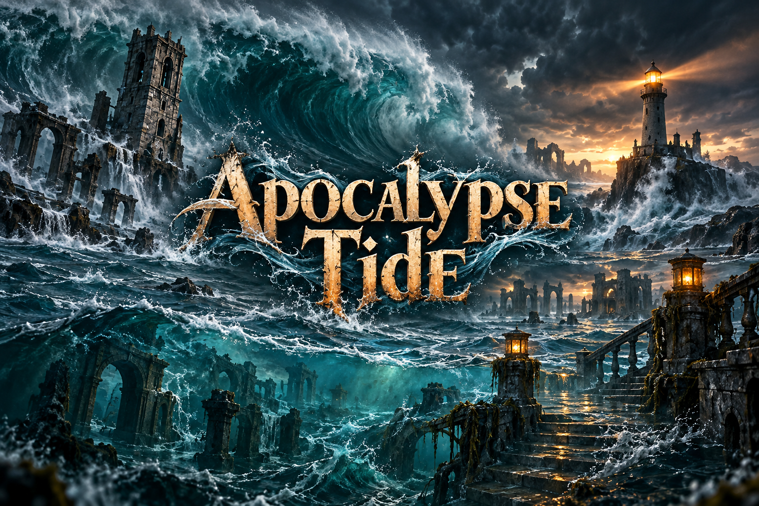 Waves, submerged ruins, a lighthouse and a lamplit stair surround the centered title Apocalypse Tide.