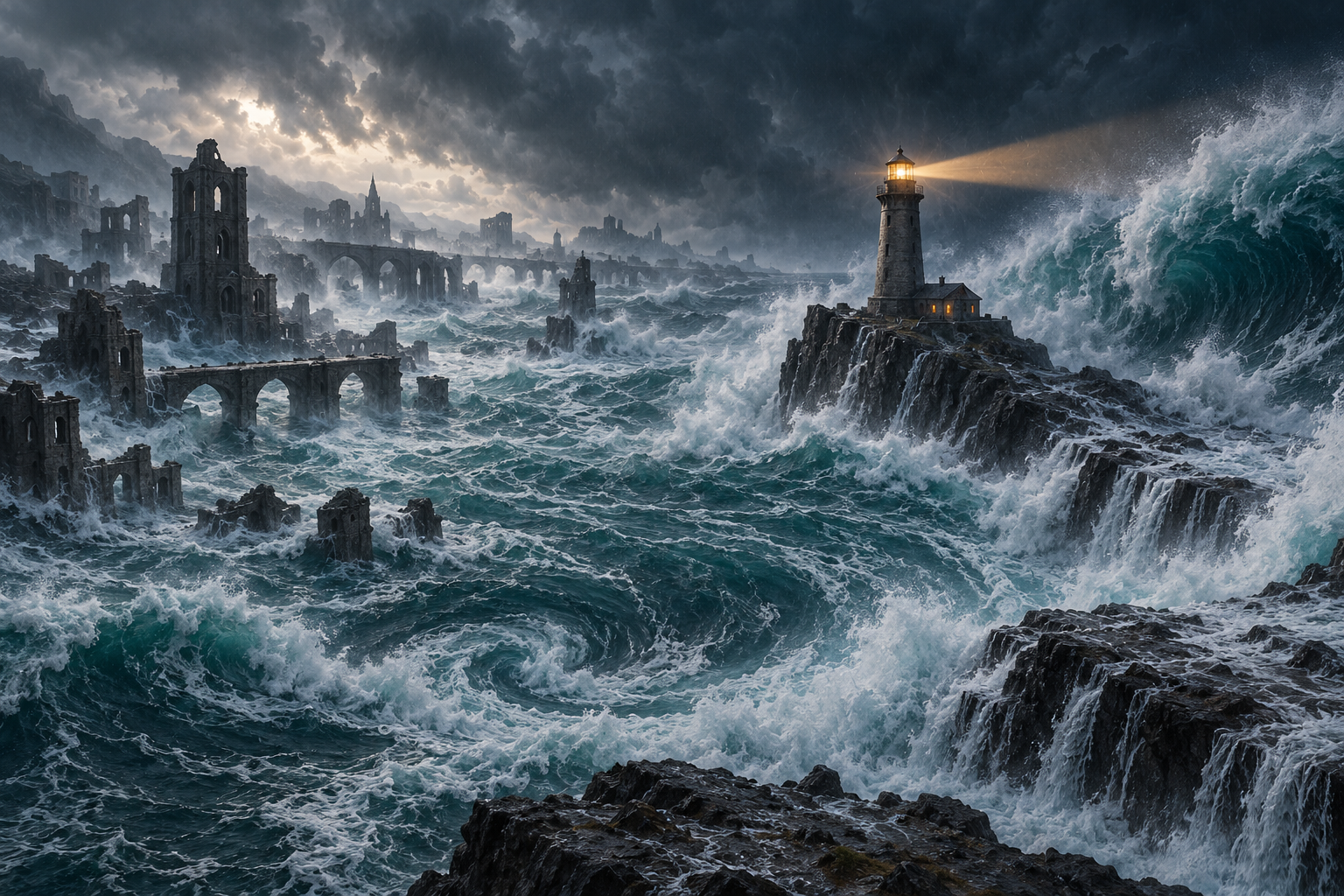 A lighthouse shines across storm waves and flooded ruins in an invented coastal landscape.