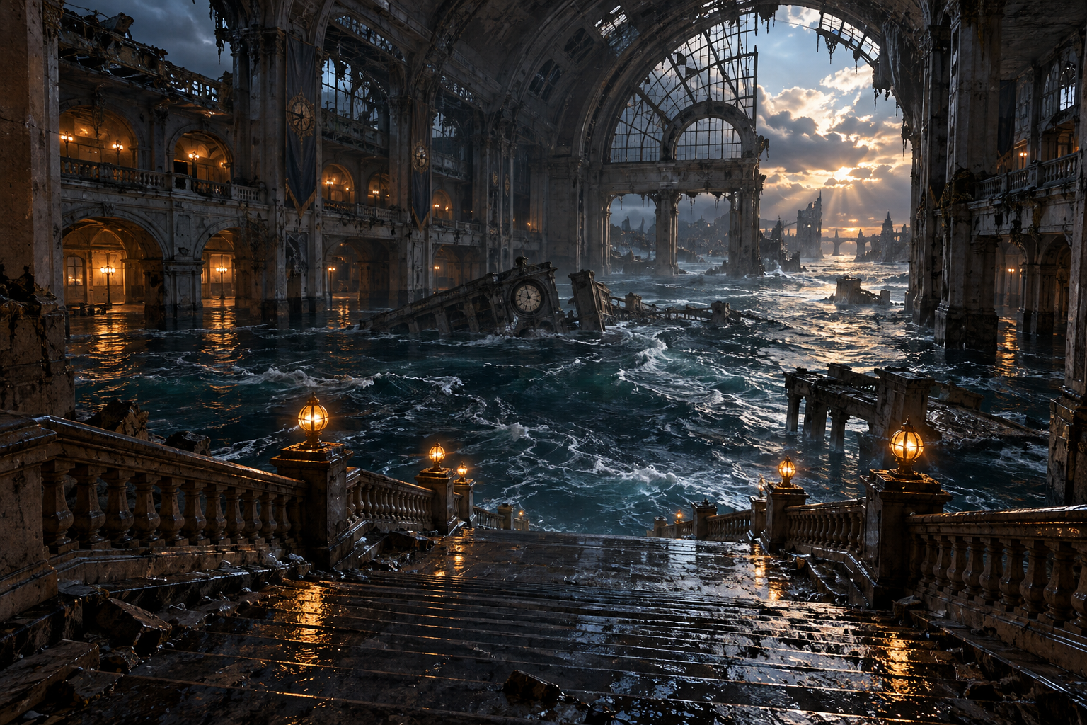 An empty ruined railway hall is flooded beneath a broken arched roof, with warm lights beside descending steps.