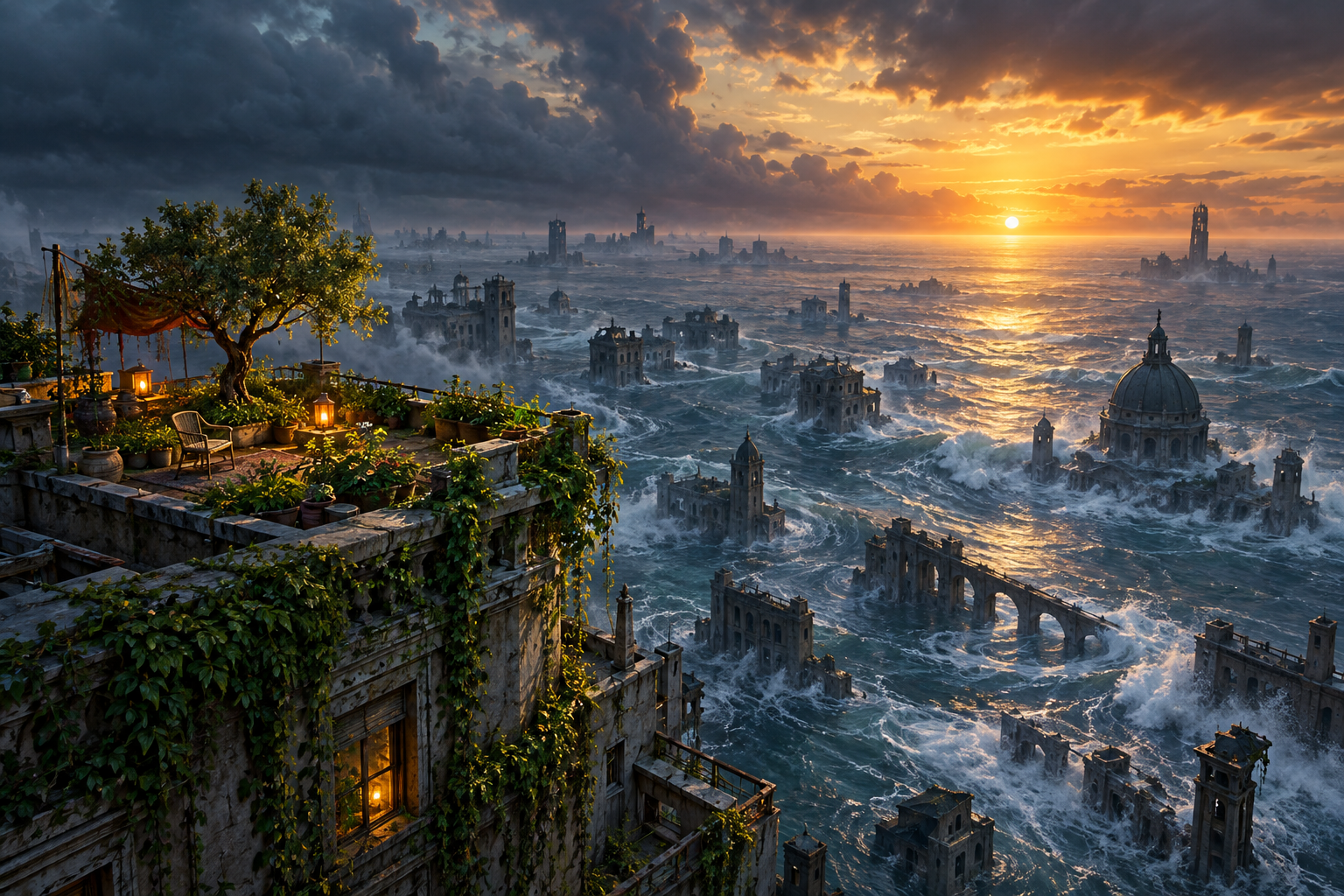 A small planted rooftop remains above an imagined flooded city at sunset.