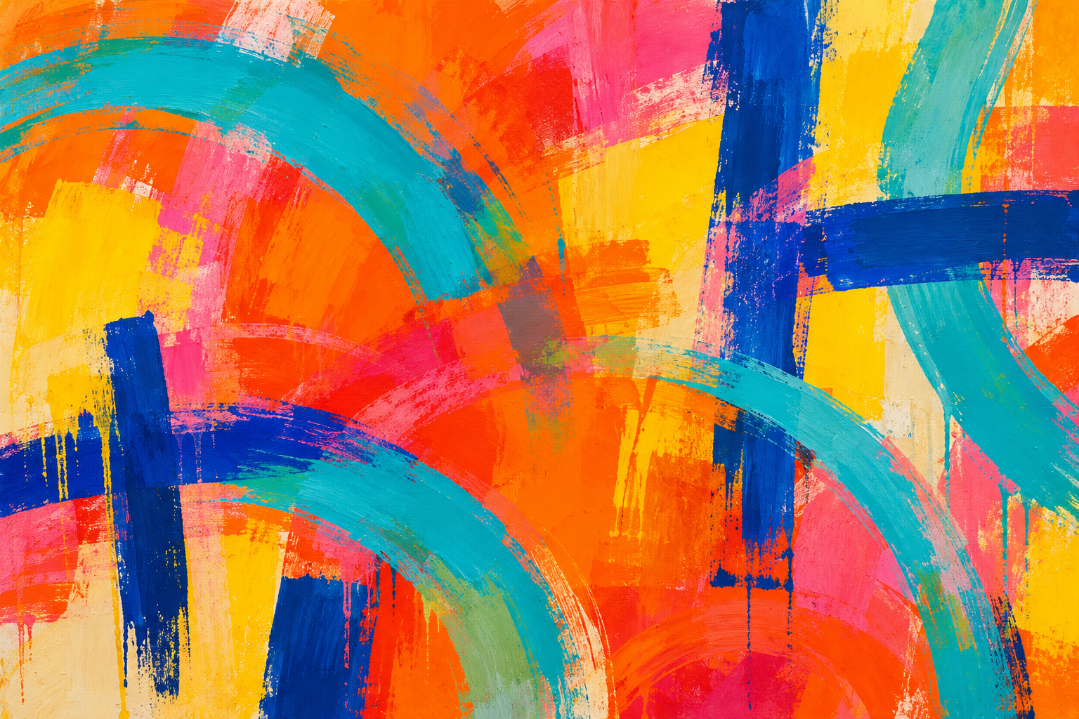 Broad turquoise arcs and cobalt bars cross warm orange, yellow and pink painted fields.