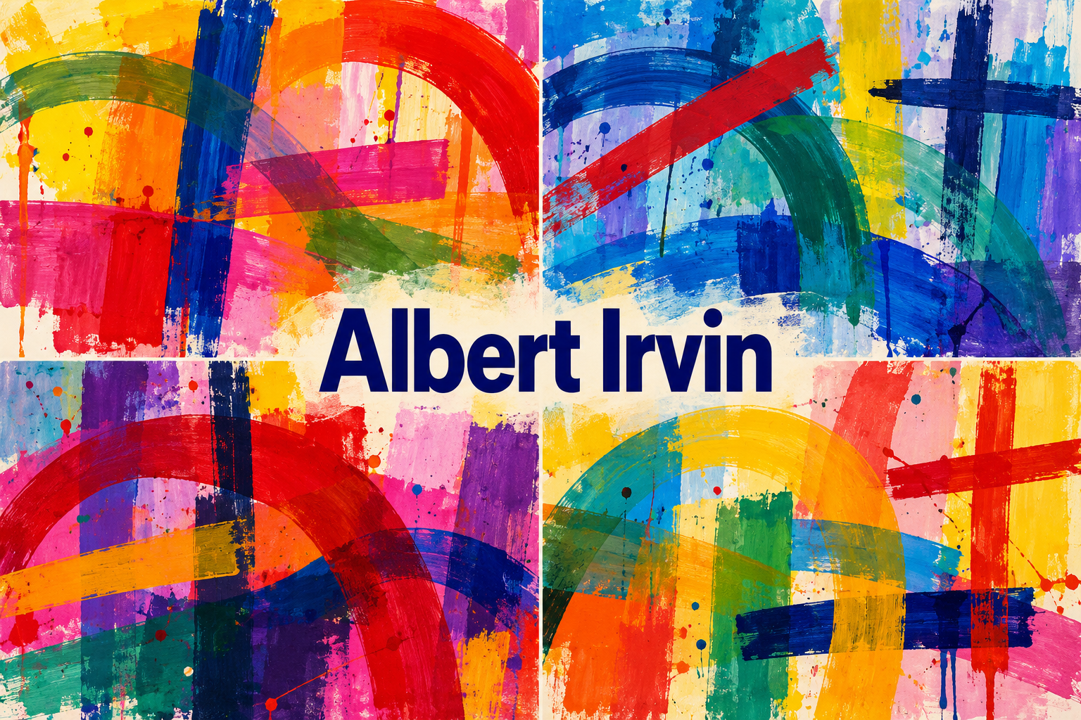 Four contrasting arrangements of colored arcs and bars frame the central title Albert Irvin.