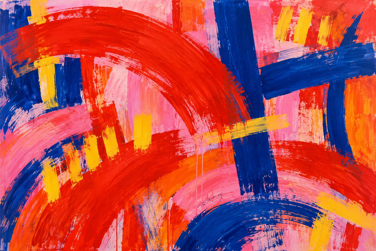 A dense original abstract study of vermilion arcs, cobalt bars and short yellow accents over pink.