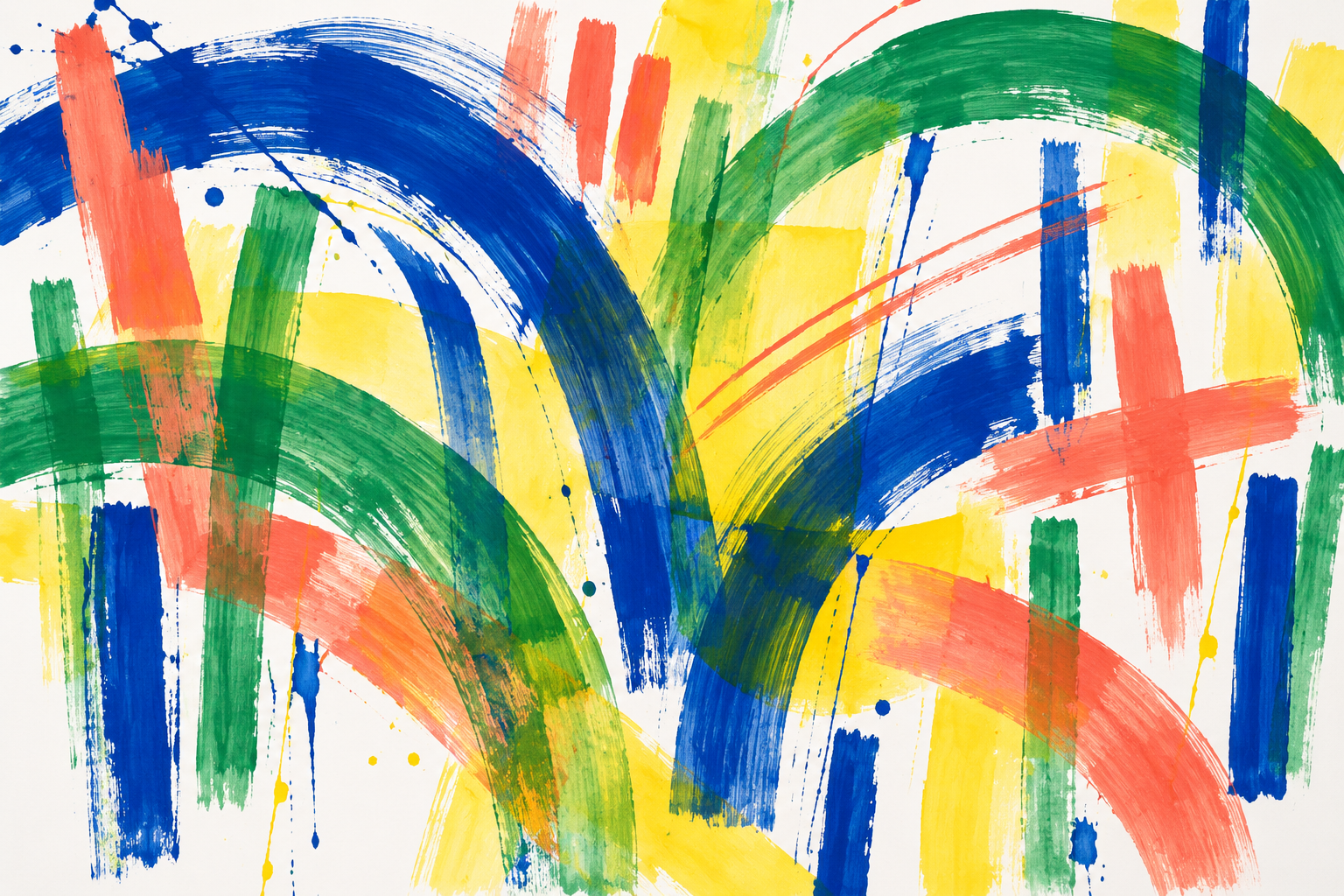 Blue and green arcs cross coral and yellow strokes over a generous pale ground.