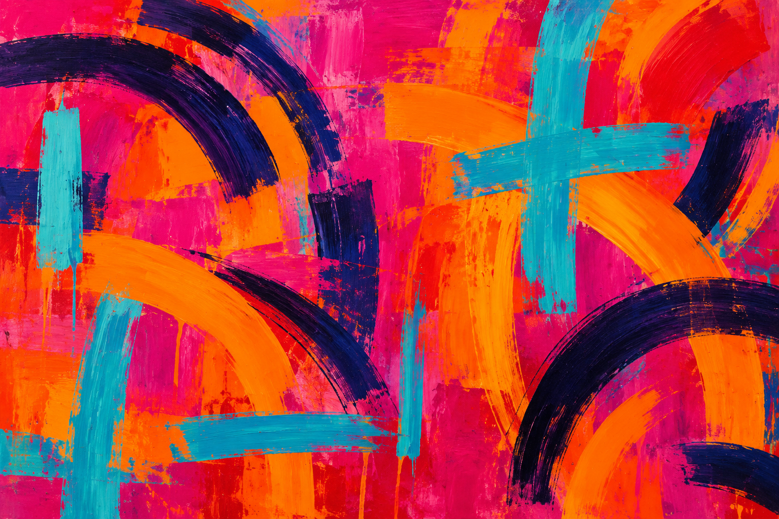 Dark violet arcs and turquoise cross-like bars move across a hot pink and orange field.