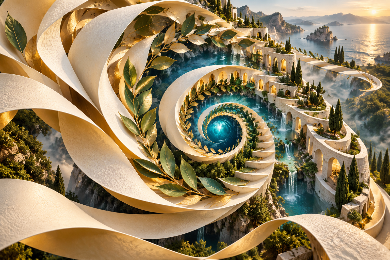 Spiraling ivory terraces and green leaves frame a turquoise coastal inlet.