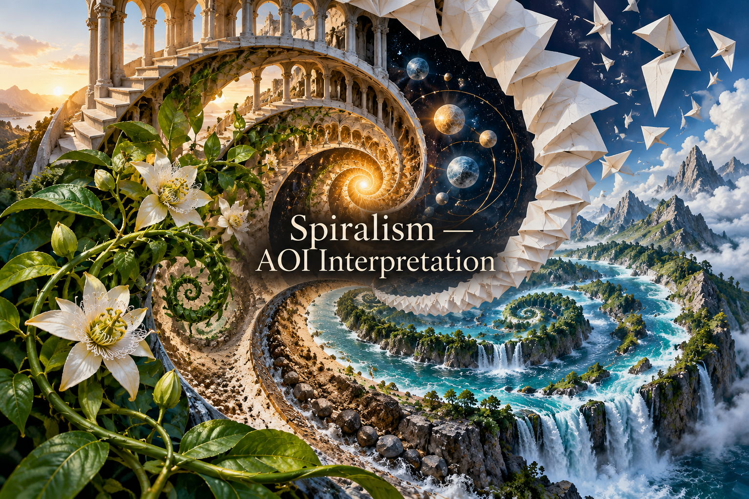 Centrally titled Spiralism — AOI Interpretation collage of stairs, leaves, planets and folded birds.