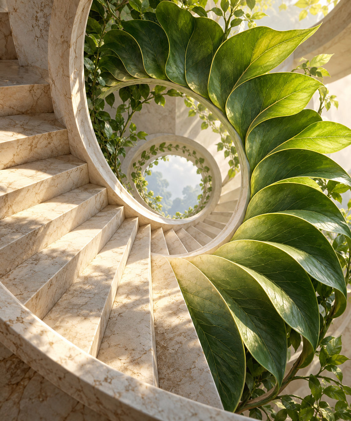 Ivory spiral stairs transform into green leaves around a circular opening.