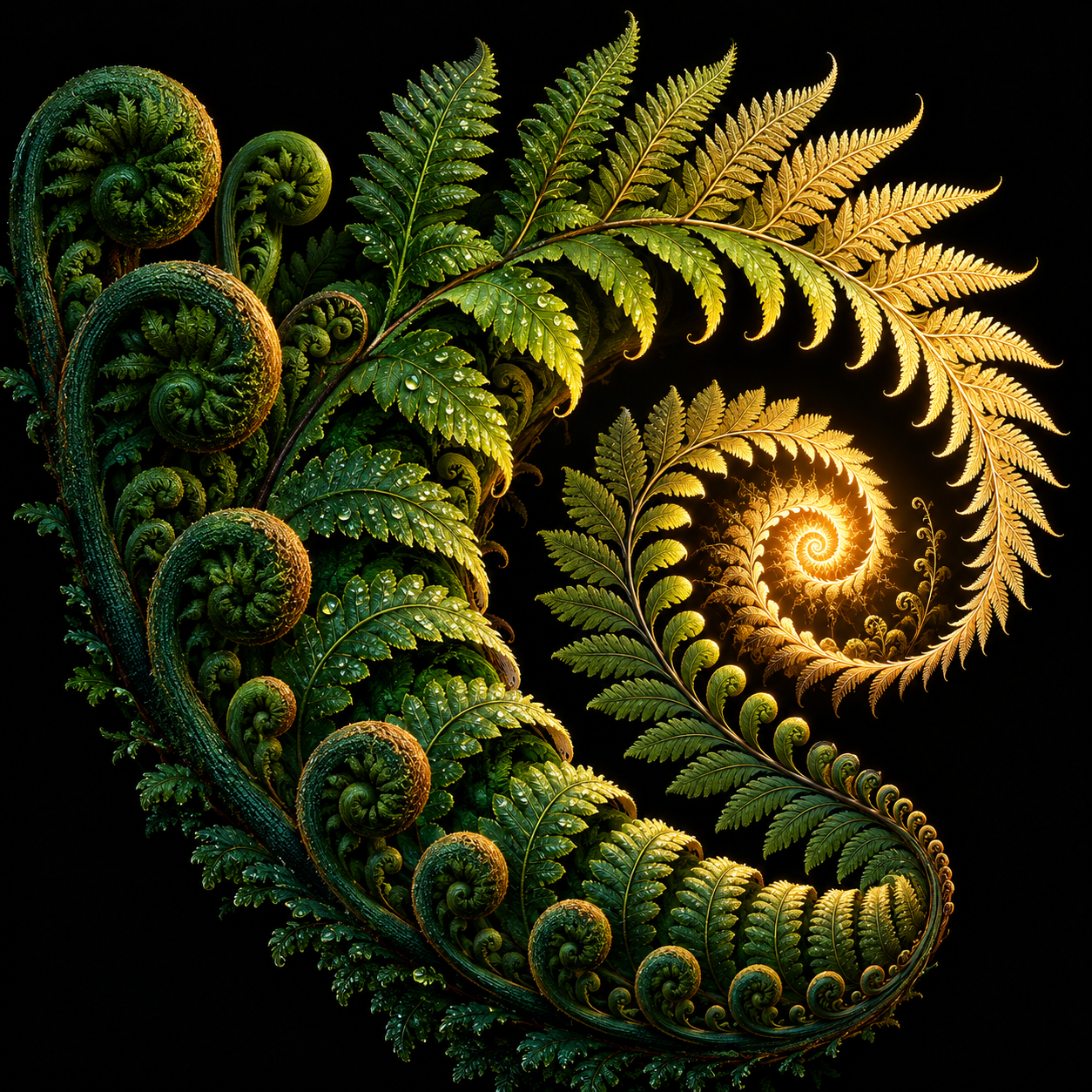Green fern forms spiral toward a glowing golden core against black.
