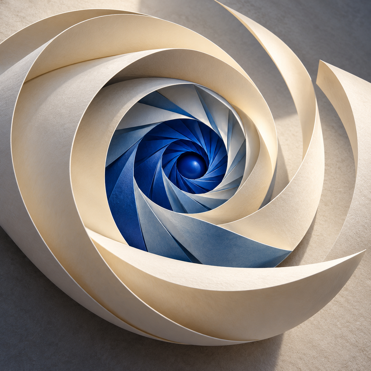 Ivory folded paper curls around a cobalt blue spiral core.