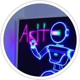Art of AI - Site Logo (showing an robot, representing the AI) and writing from the inside on to a monitor screen.