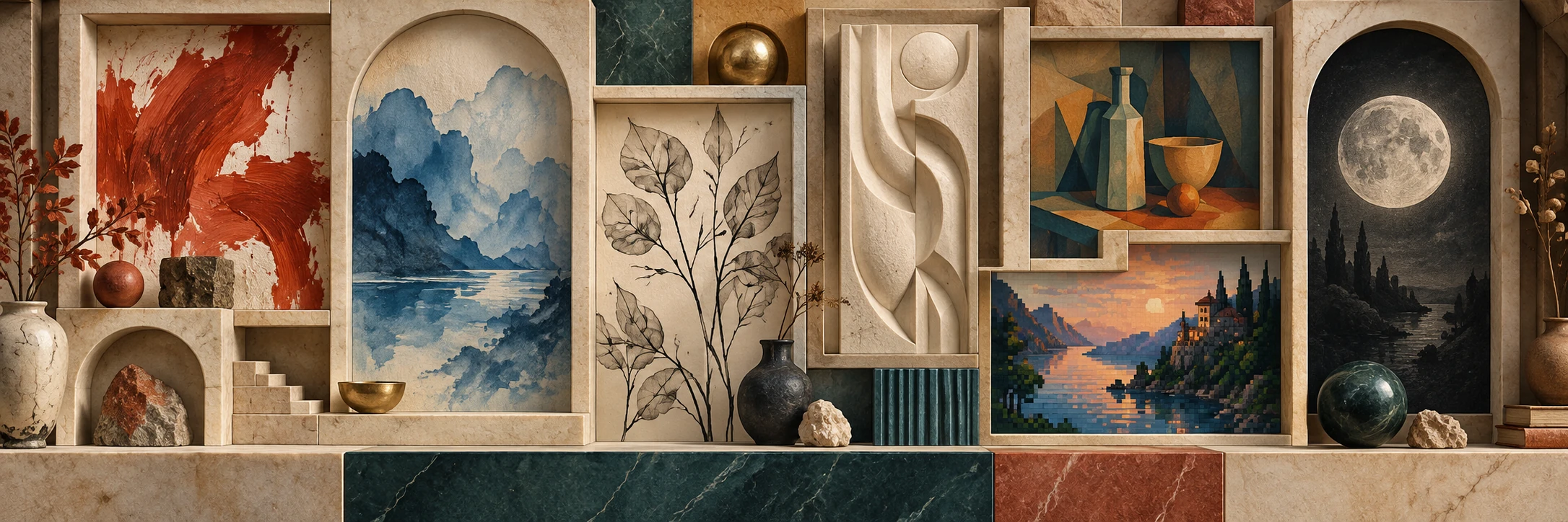 A wide display of imagined niches holds brushwork, blue washes, botanical lines, abstract relief, a Cubist still life, pixels and a charcoal moon.