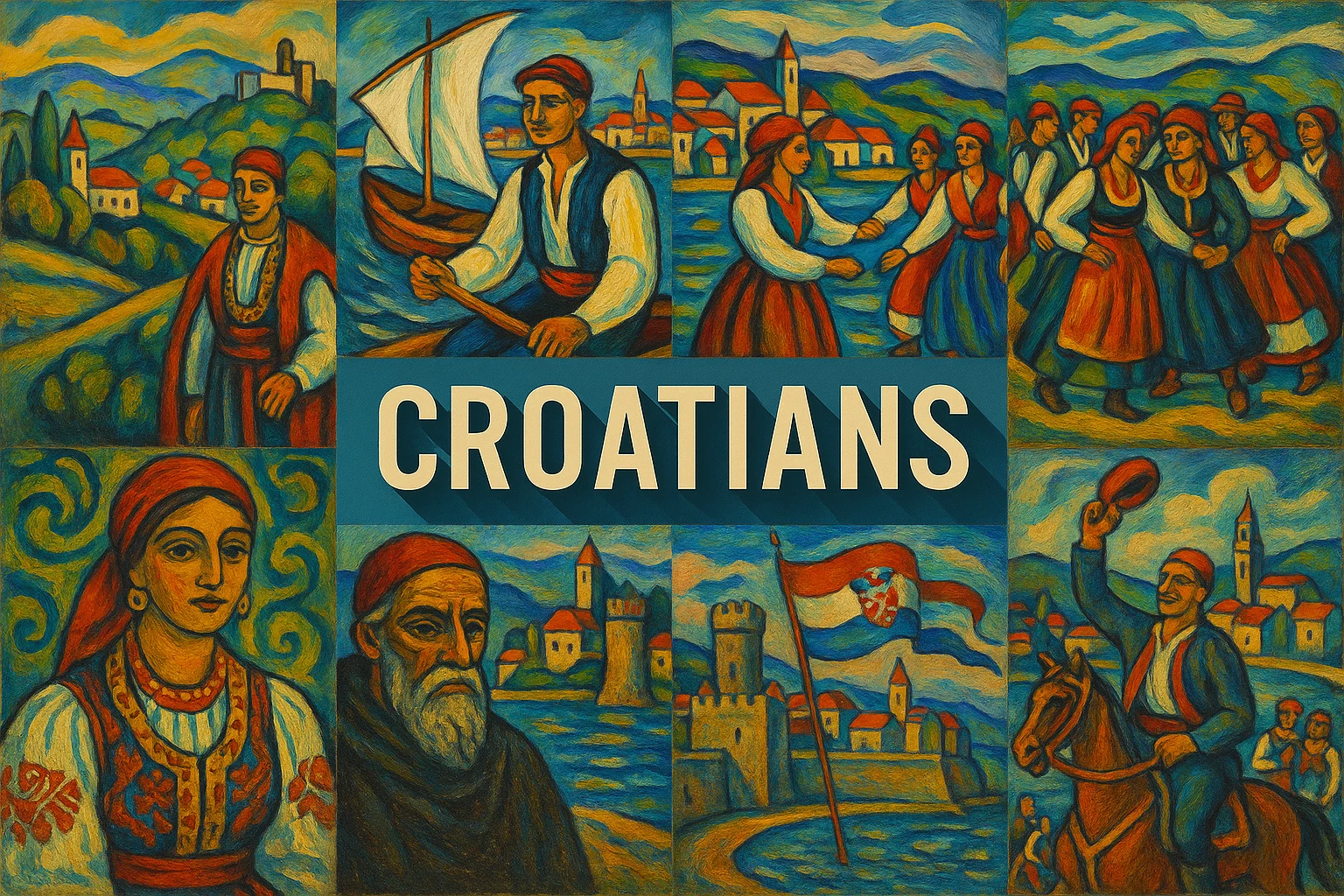 Archive collage of invented portraits, dancers, coastal scenes and a sailing boat in blue, ochre and red.