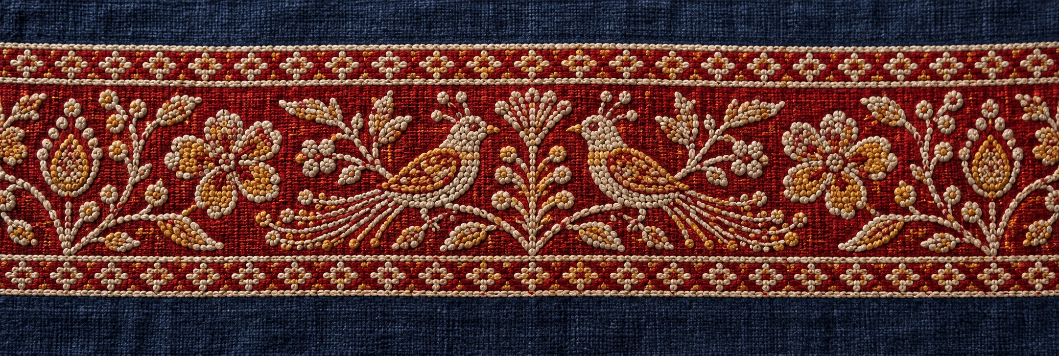Pale bird and plant forms with raised thread-like fills stretch across a red panel on indigo cloth.