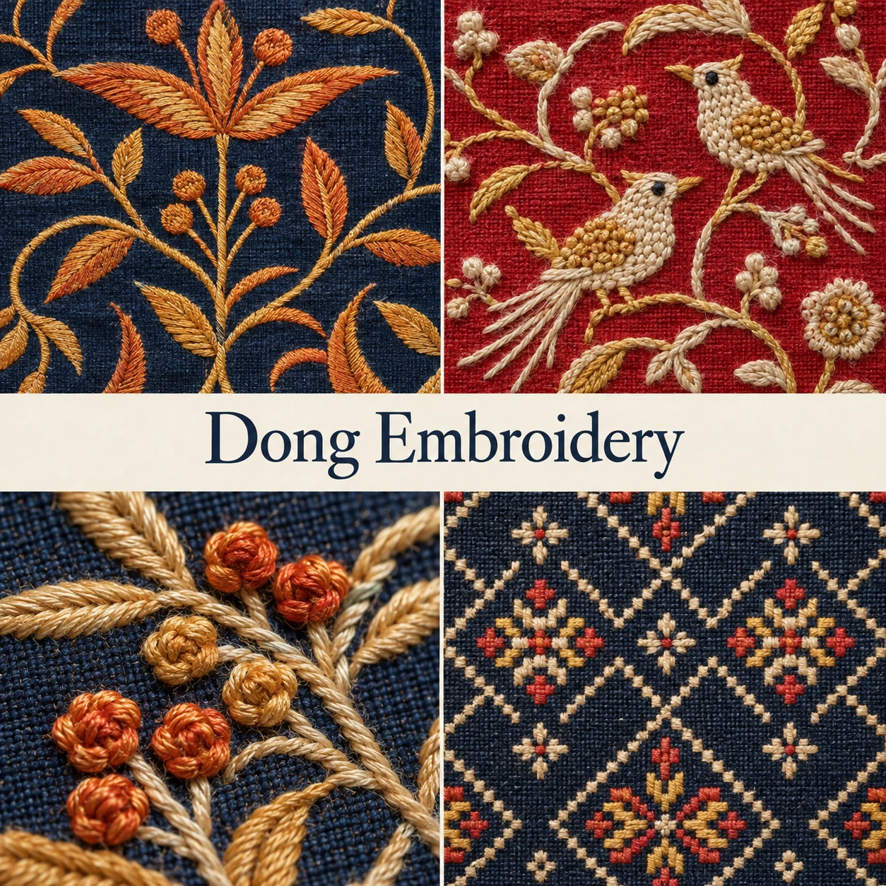 Four imagined textile details compare flat, knot-like and geometric stitch effects around the title Dong Embroidery.