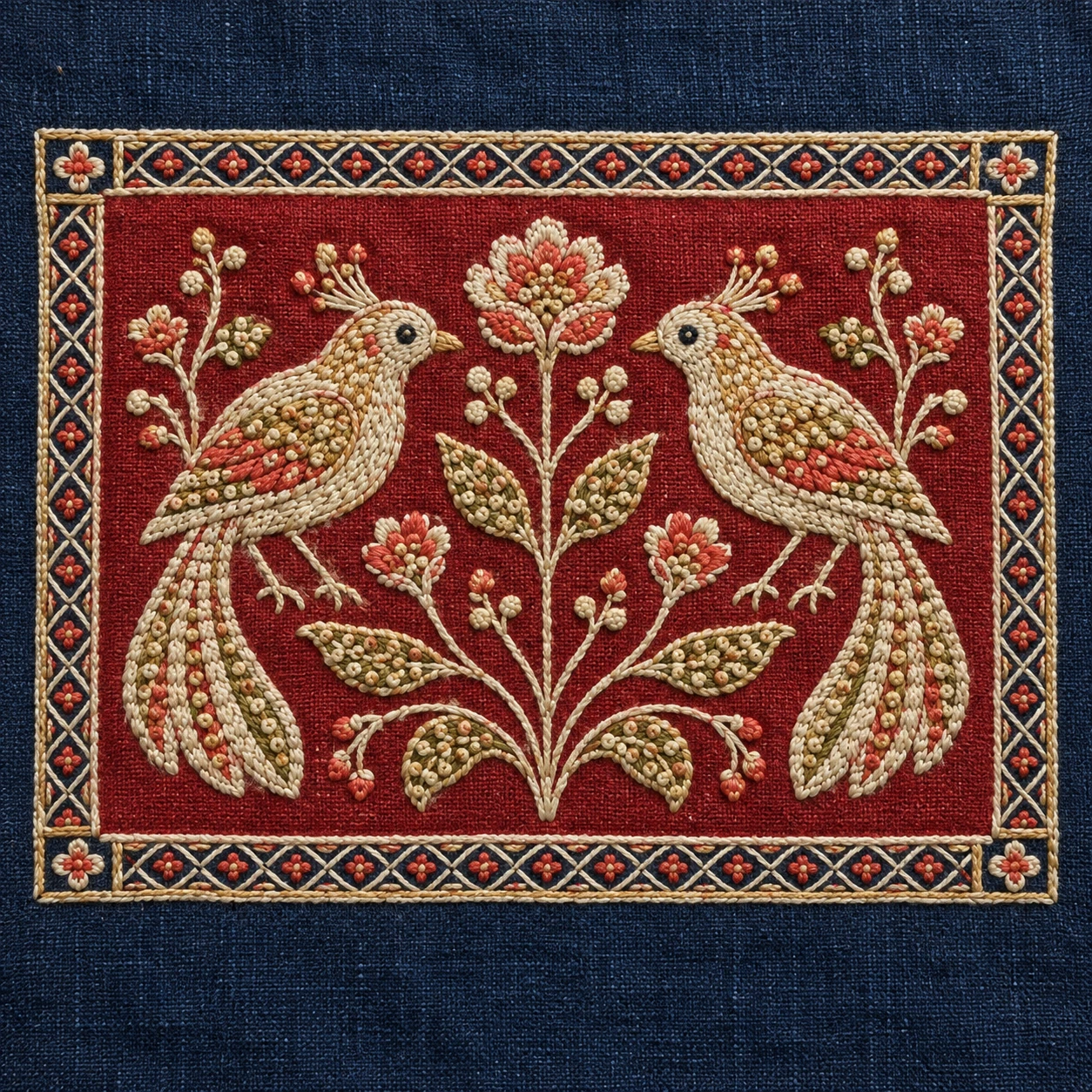 Two pale birds flank a flowering stem on a red embroidered-looking panel with a geometric border.