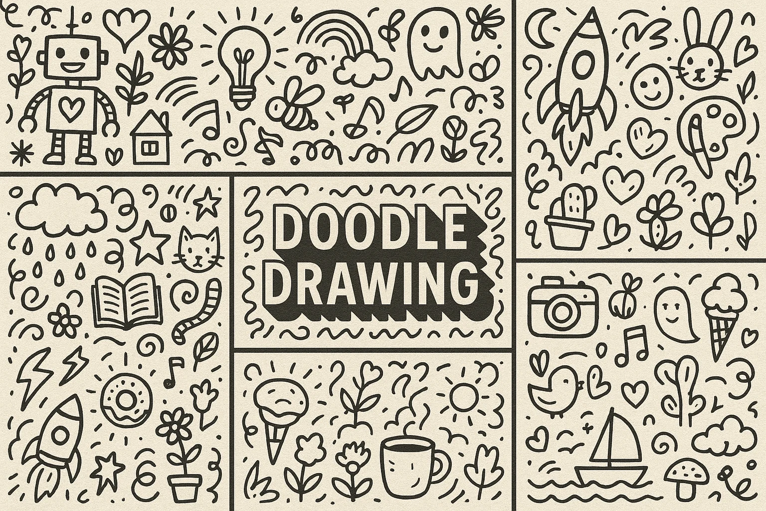 Black-line doodle collage with a robot, rockets, flowers, small faces and everyday objects around the words Doodle Drawing.