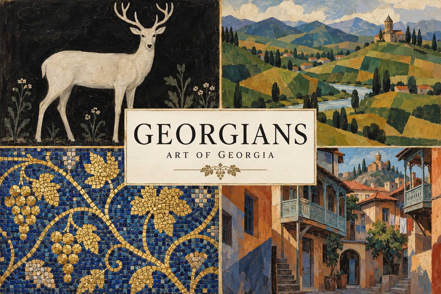 Georgian-inspired landscape, architecture, deer and ornamental studies surround the title Georgians, Art of Georgia.