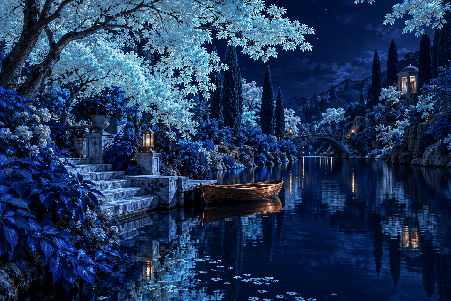 Pale cyan and cobalt trees around a dark river, with stone steps and a copper-toned boat.