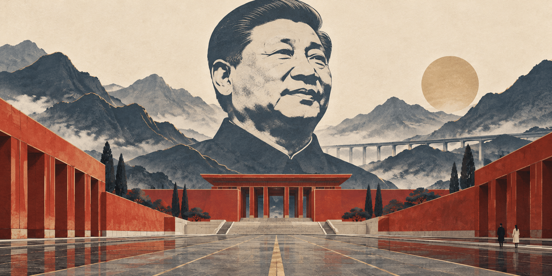 AI-generated editorial illustration with a stylized Xi Jinping portrait above an axial vermilion civic space, layered blue mountains and small human figures.