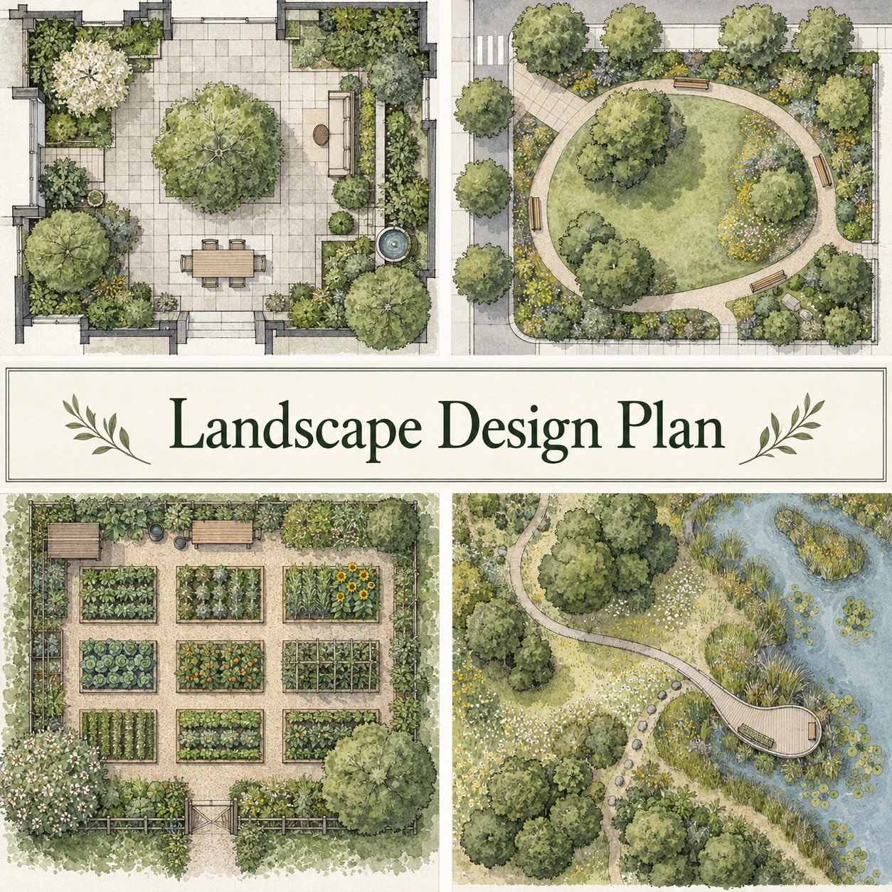 Four overhead garden and park studies surround the centered title Landscape Design Plan.