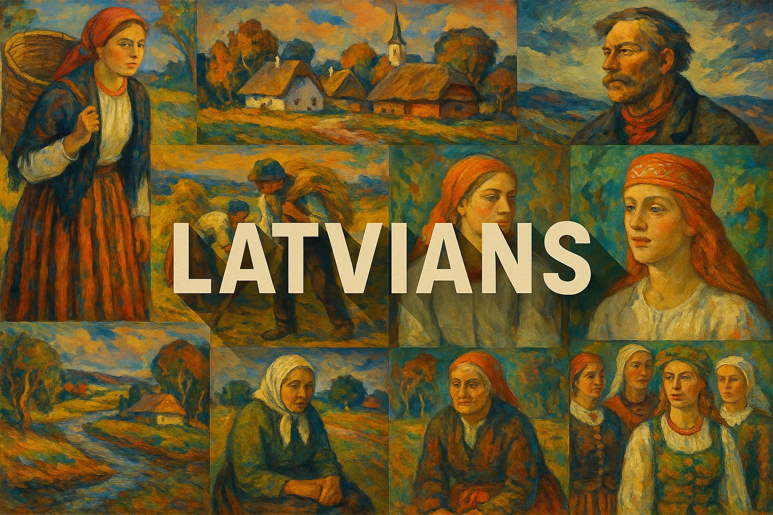 Archive collage of invented portraits, cottages and field work in orange and blue, labelled Latvians.