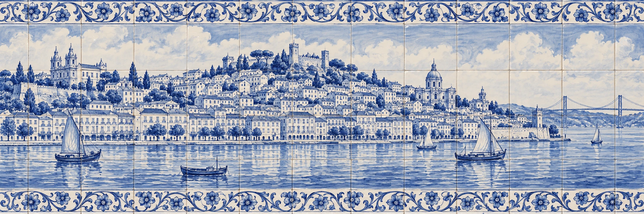 A cobalt-blue city panorama crosses an ivory tile grid with boats, a modern bridge and floral borders.