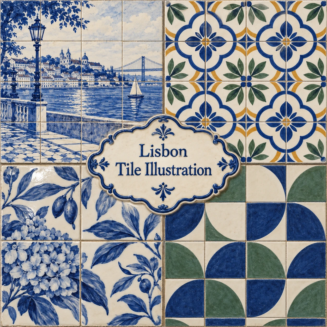City, floral, botanical and modern geometric tile studies surround the centered title Lisbon Tile Illustration.